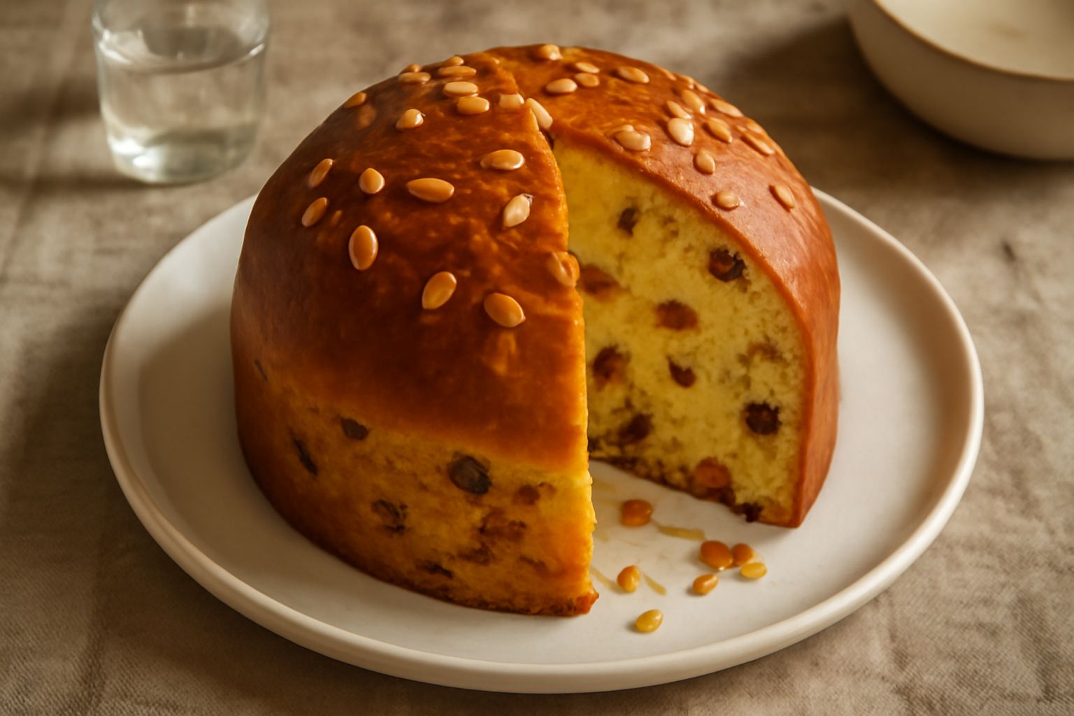 Panettone ai pinoli dalla cupola dorata e liscia, tagliato a fette su un piatto bianco con pinoli tostati visibili nella miga gialla, accanto a una tazza di caffè