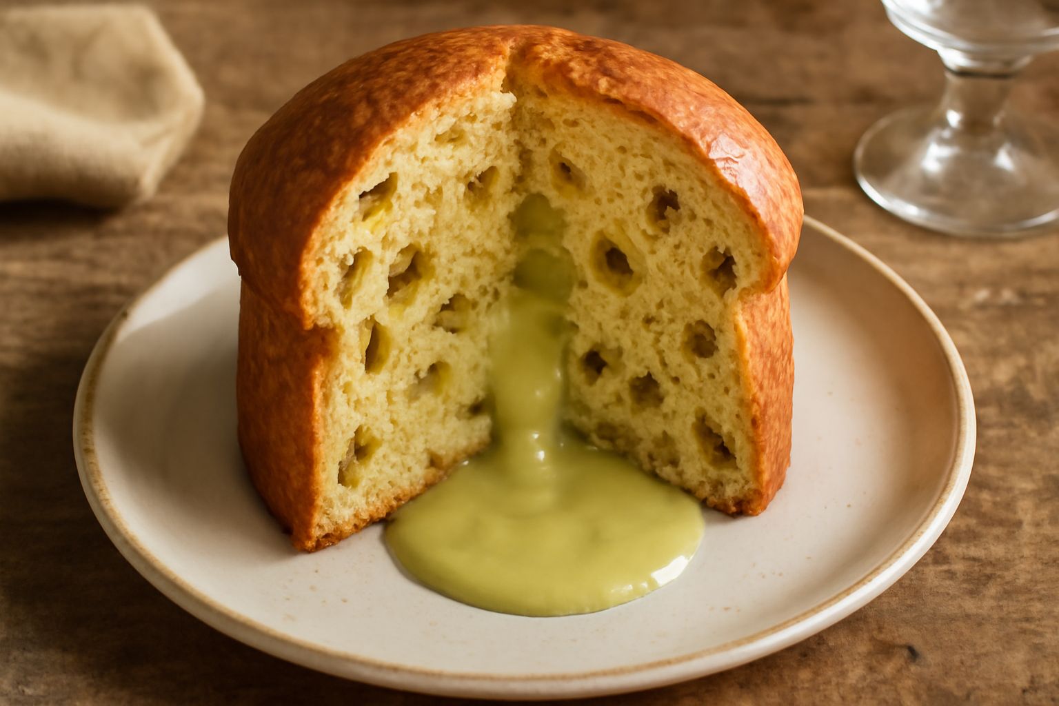 Panettone ai pistacchio affettato su piatto bianco, con pasta soffice color nocciola, ripieno di pistacchio verde, frutta candita visibile, crosta dorata, guarnito con granella di pistacchio