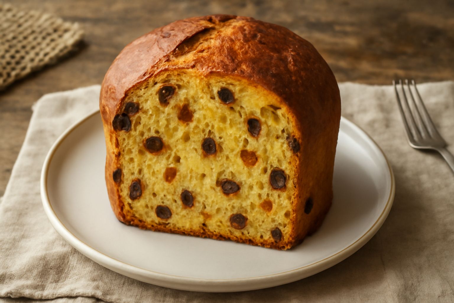 Panettone alto e dorato su superficie bianca, con una cupola regolare leggermente screpolata in cima, uvetta e canditi ben visibili sotto la crosta, affettato a mostrare l'interno giallo chiaro con in