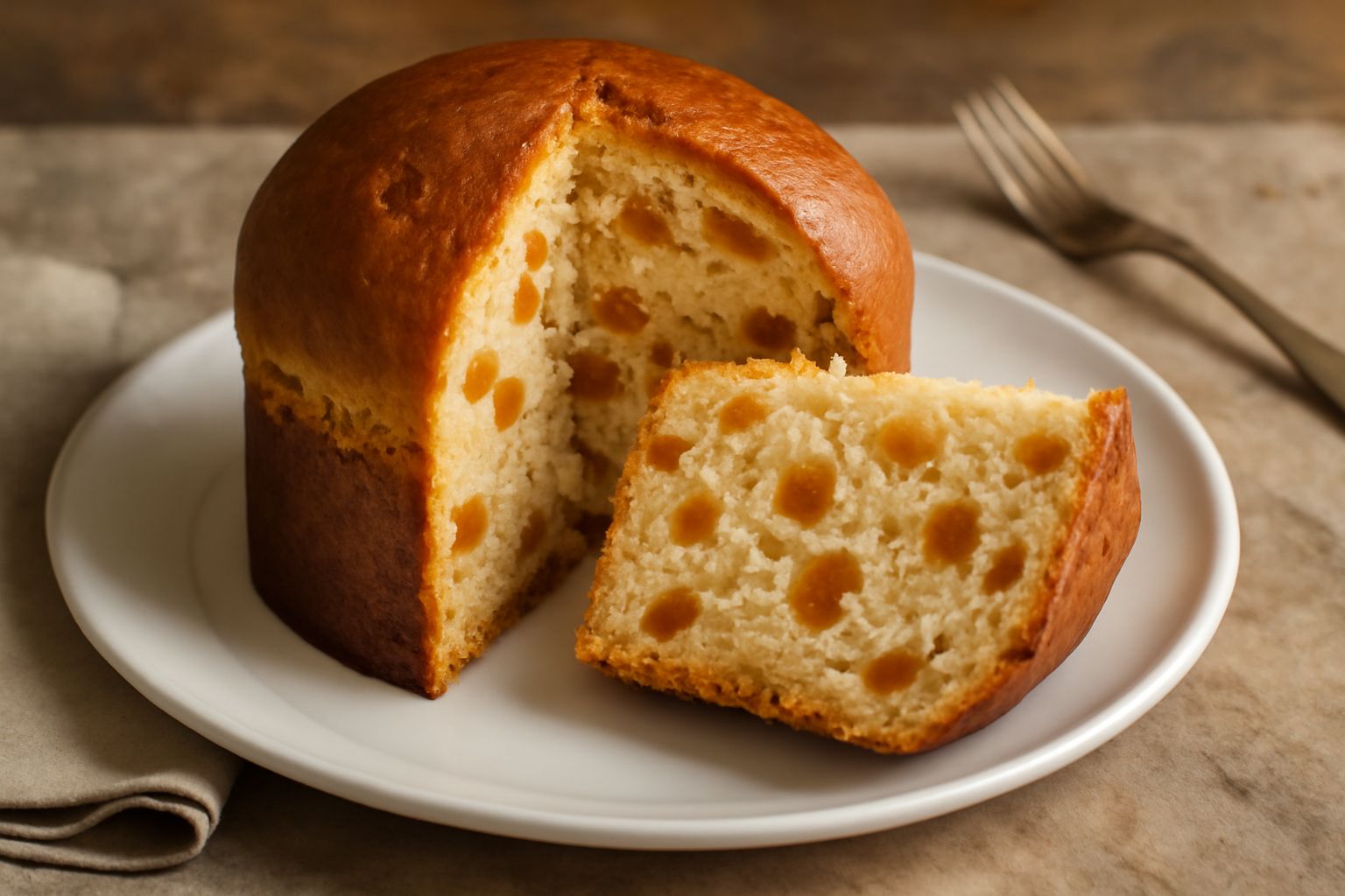 Panettone alle albicocche intero su piatto bianco, con cupola dorata uniforme, pezzi di albicocche candite visibili in sezione, carta natalizia vintage ai lati, sfondo chiaro con luci natalizie sfocat