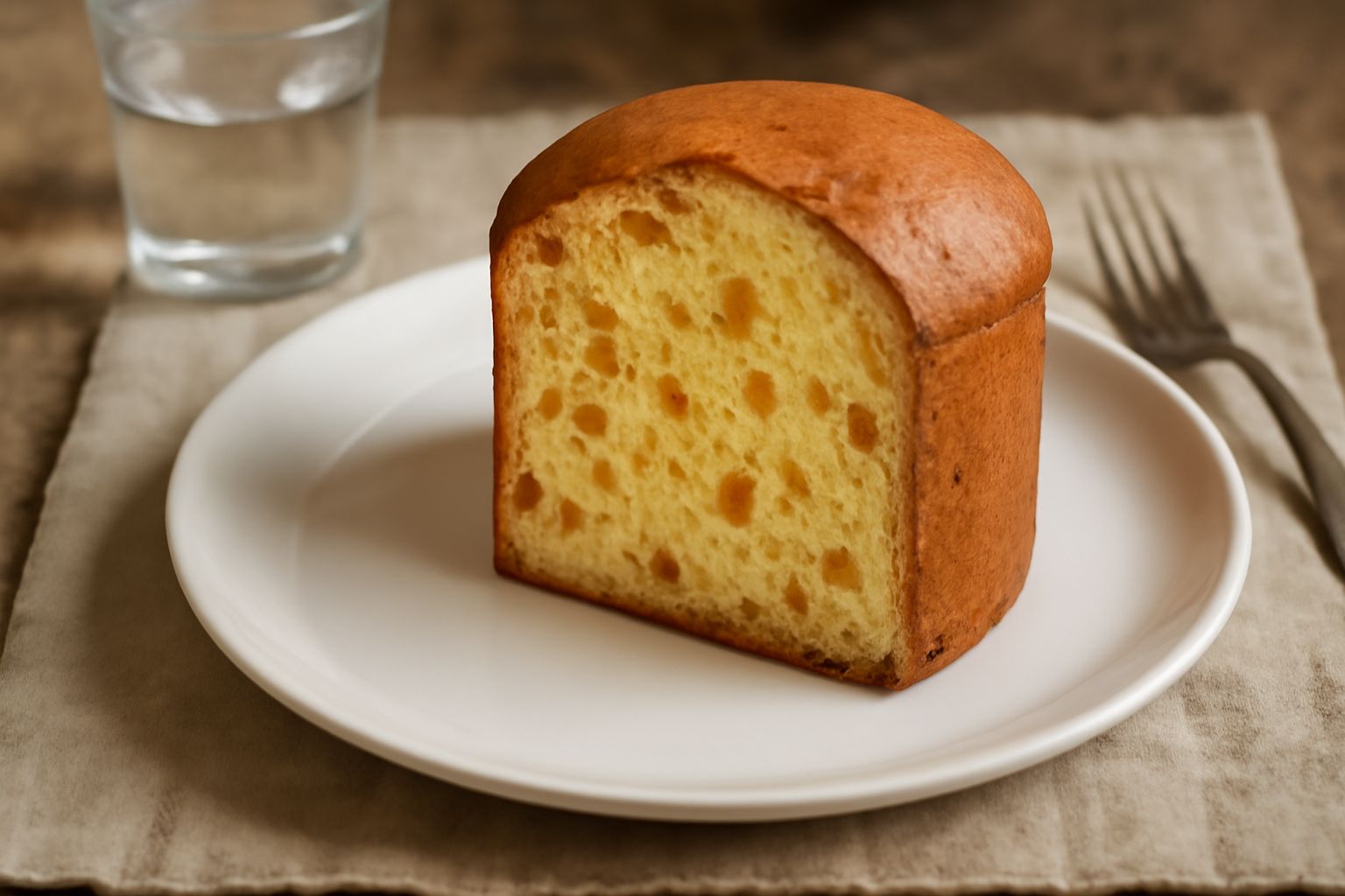 Panettone alessandrino affettato su piatto bianco, con mollica dorata e soffice, pezzetti di uvetta e canditi ben distribuiti, accanto una tazza di caffè e una forchetta da dolce