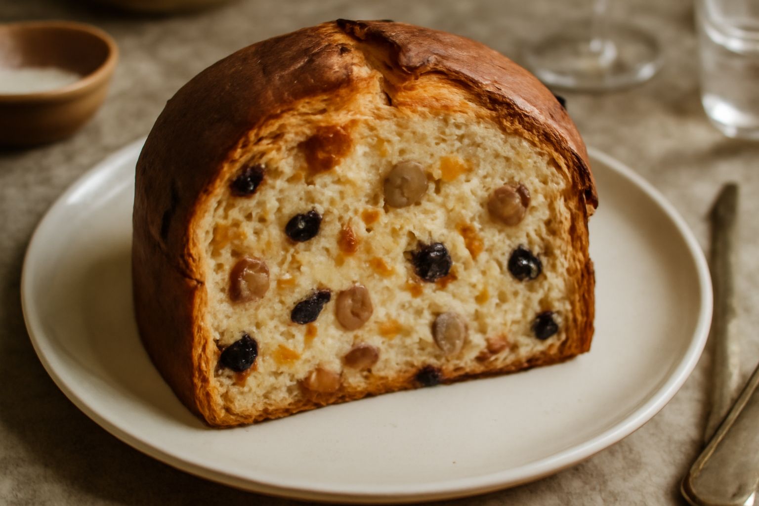 Panettone alle castagne a fette, color oro intenso, con visibili pezzi di castagna tostata, uvetta scura e scorza d'arancia candita su un piatto bianco, con carta natalizia sullo sfondo
