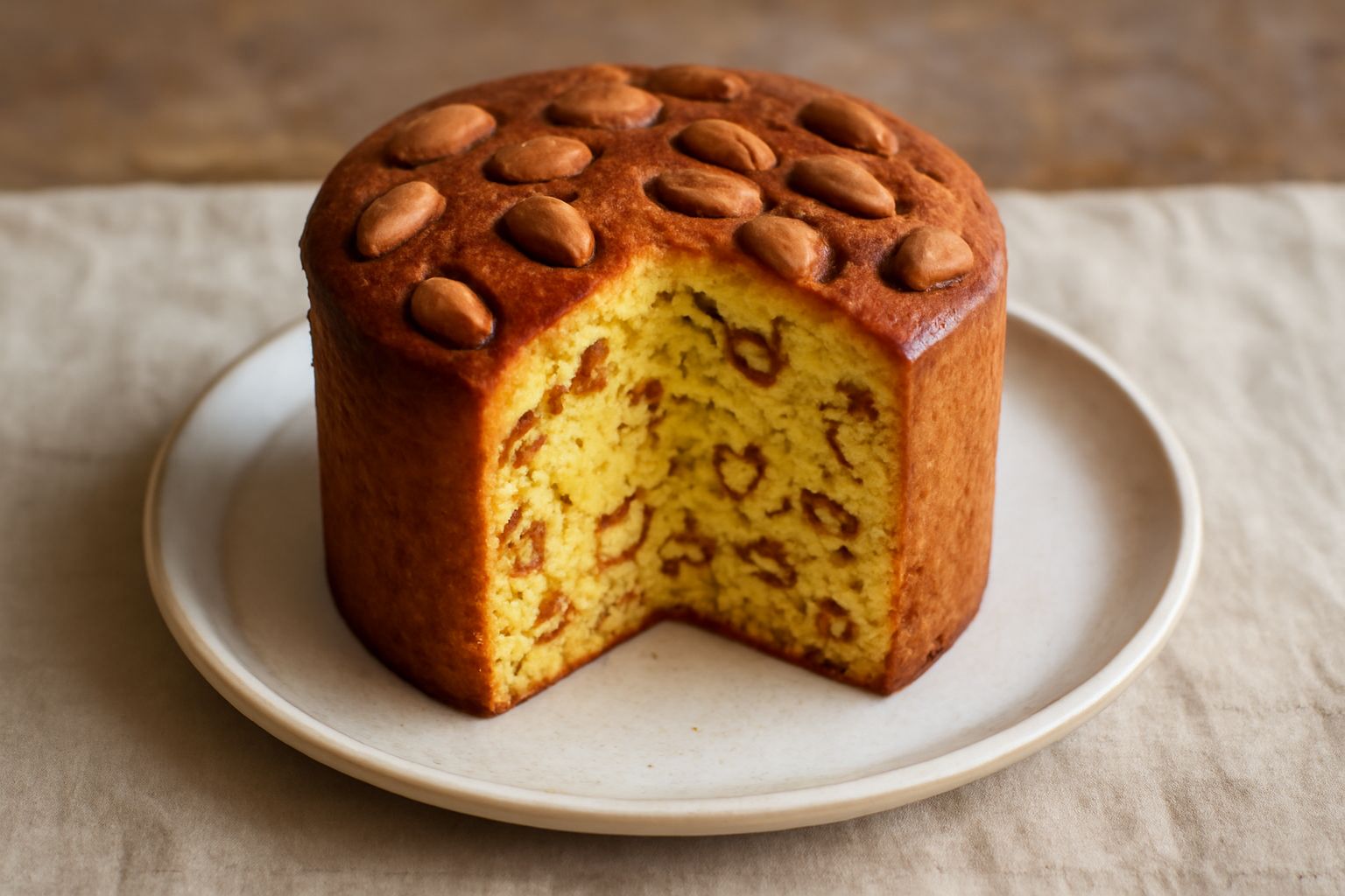 Panettone alle mandorle affettato su piatto bianco, con mandorle tostate visibili sparse dentro l'impasto dorato, crosta marrone chiaro, guarnizione di mandorle sbucciate sulla sommità, e una tazza di