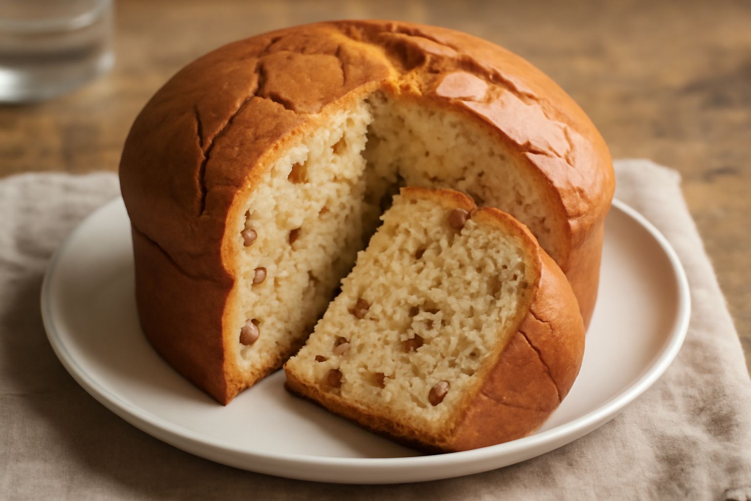 Panettone alle nocciole appena sfornato, con cupola dorata e crepe in superficie, fette tagliate che mostrano l'interno con nocciole intere e canditi, su piatto bianco con tovagliolo beige