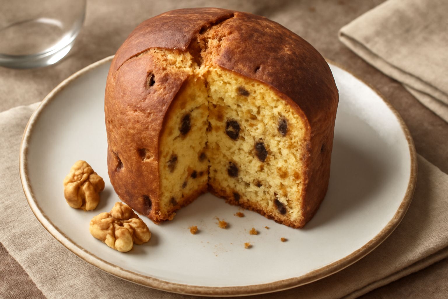 Panettone alle noci tagliato a fette, con mollica gialla paglierina visibile, studded di pezzi di noce tostati e uvetta scura, poggiato su un piatto bianco con una tazza di caffè accanto