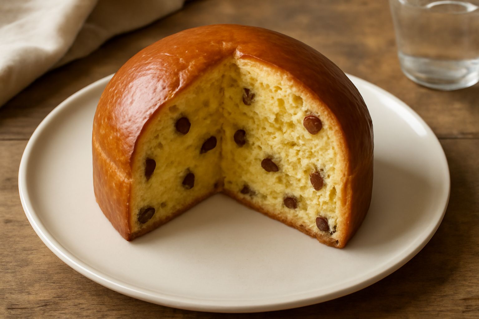 Panettone all'olio a fette, con crosta dorata, uvetta e canditi visibili, servito su piatto bianco con tazza di tè