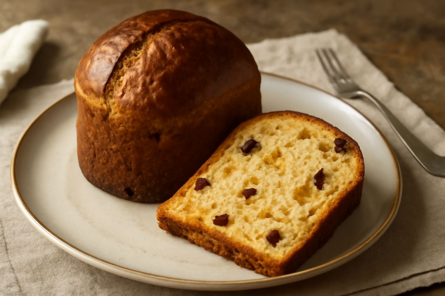 Panettone altamurano tagliato a fette, color oro intenso con uvetta visibile e canditi gialli, servito su un piatto bianco accanto a una tazza di caffè