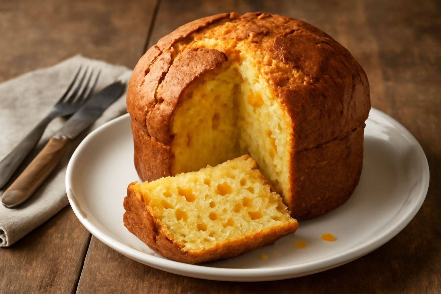 Panettone amalfitano affettato, color giallo dorato con visibili pezzi di scorza di limone candita, su un piatto bianco accanto a una tazza di caffè, fondo neutro sfocato