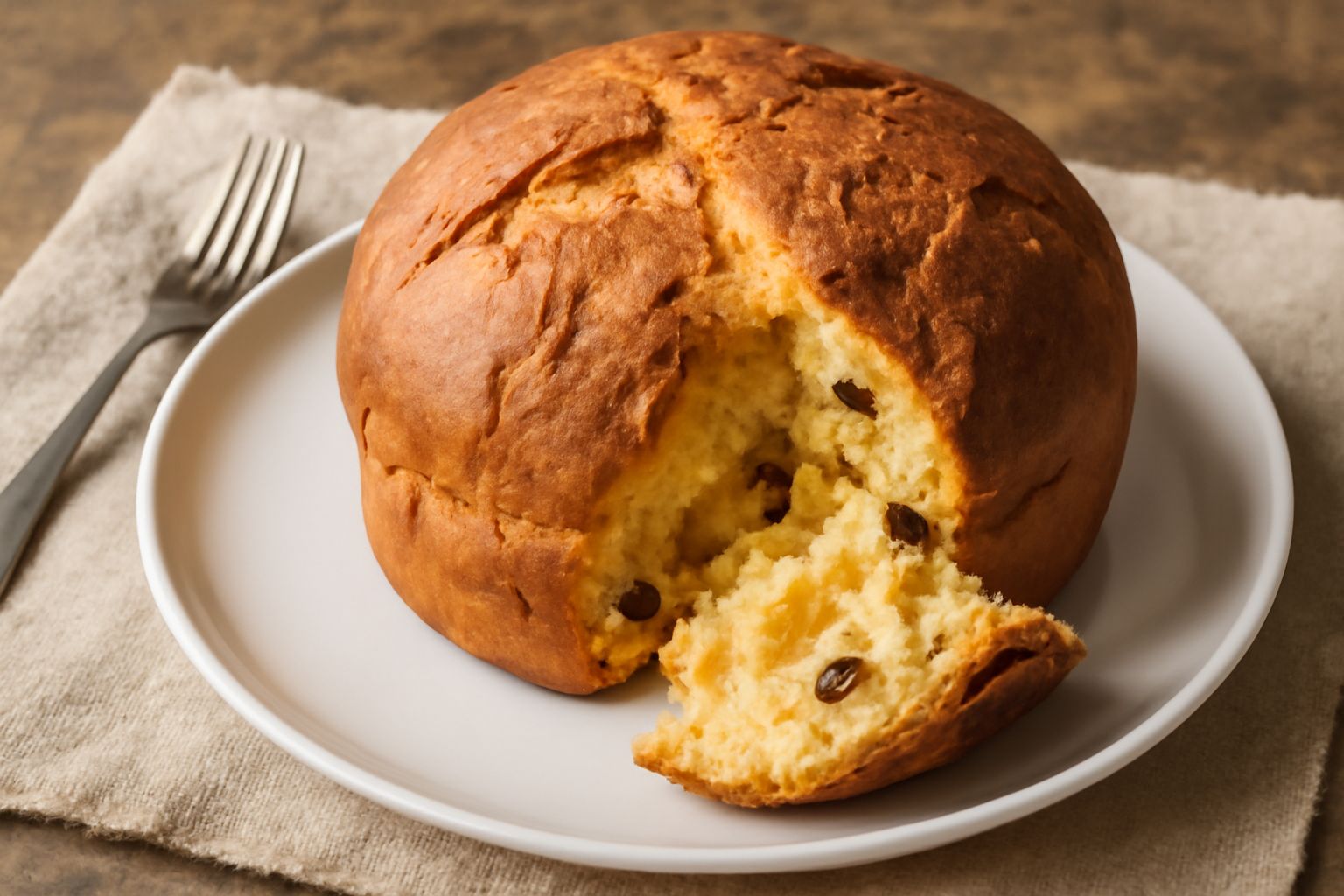 Panettone aquilano intero e affettato su piatto di ceramica bianca, pezzi morbidi color oro con visibili uvetta e frutta candita, profilo a cupola leggermente irregolare, fondo di lino beige e decoraz