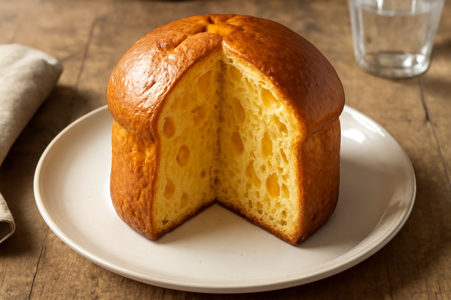 Panettone all'arancia tagliato a fette, colore giallo dorato con pezzetti visibili di scorza candita arancione e uvetta scura, impiattato su un piatto bianco con vista della mollica soffice e alveolat