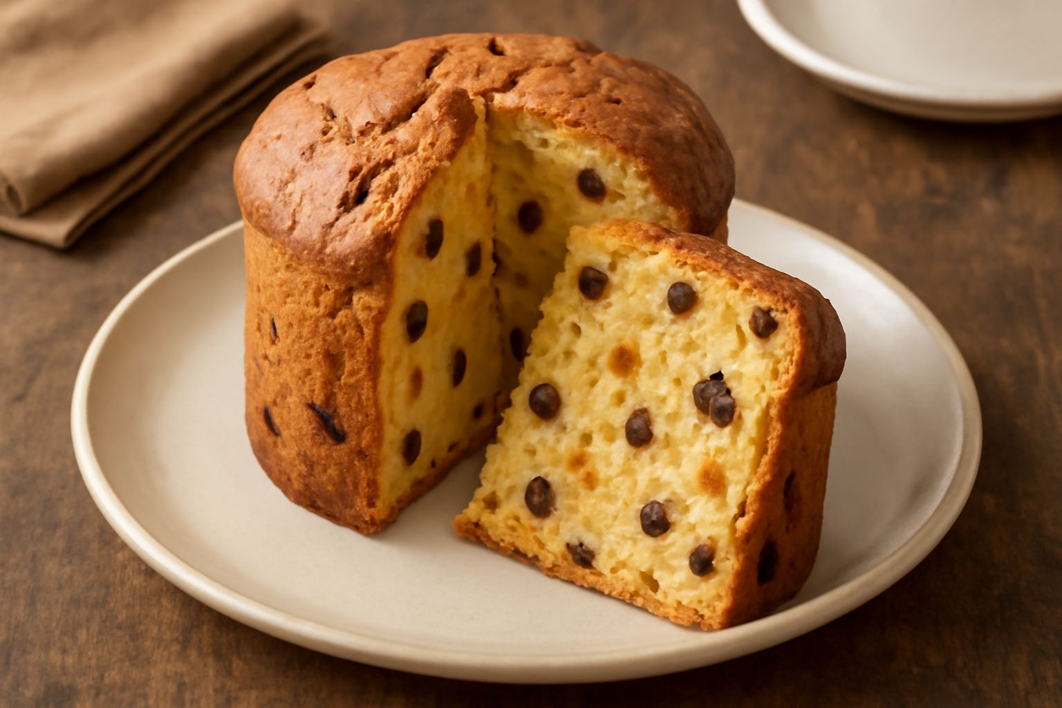 Panettone aretino appena sfornato, di forma cilindrica, con superficie dorata e leggermente screpolata, canditi visibili nei tagli laterali, servito su un piatto bianco