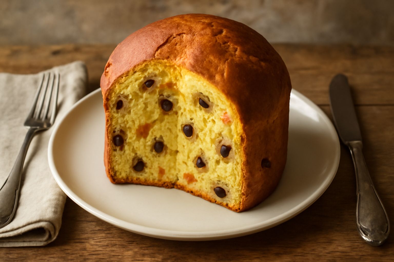 Panettone artigianale bolzanino tagliato a fette, con cupola dorata e screpolature tipiche, disposto su un piatto bianco. La mollica è visibile, giallo paglierino, con pezzi di frutta candita e uvetta