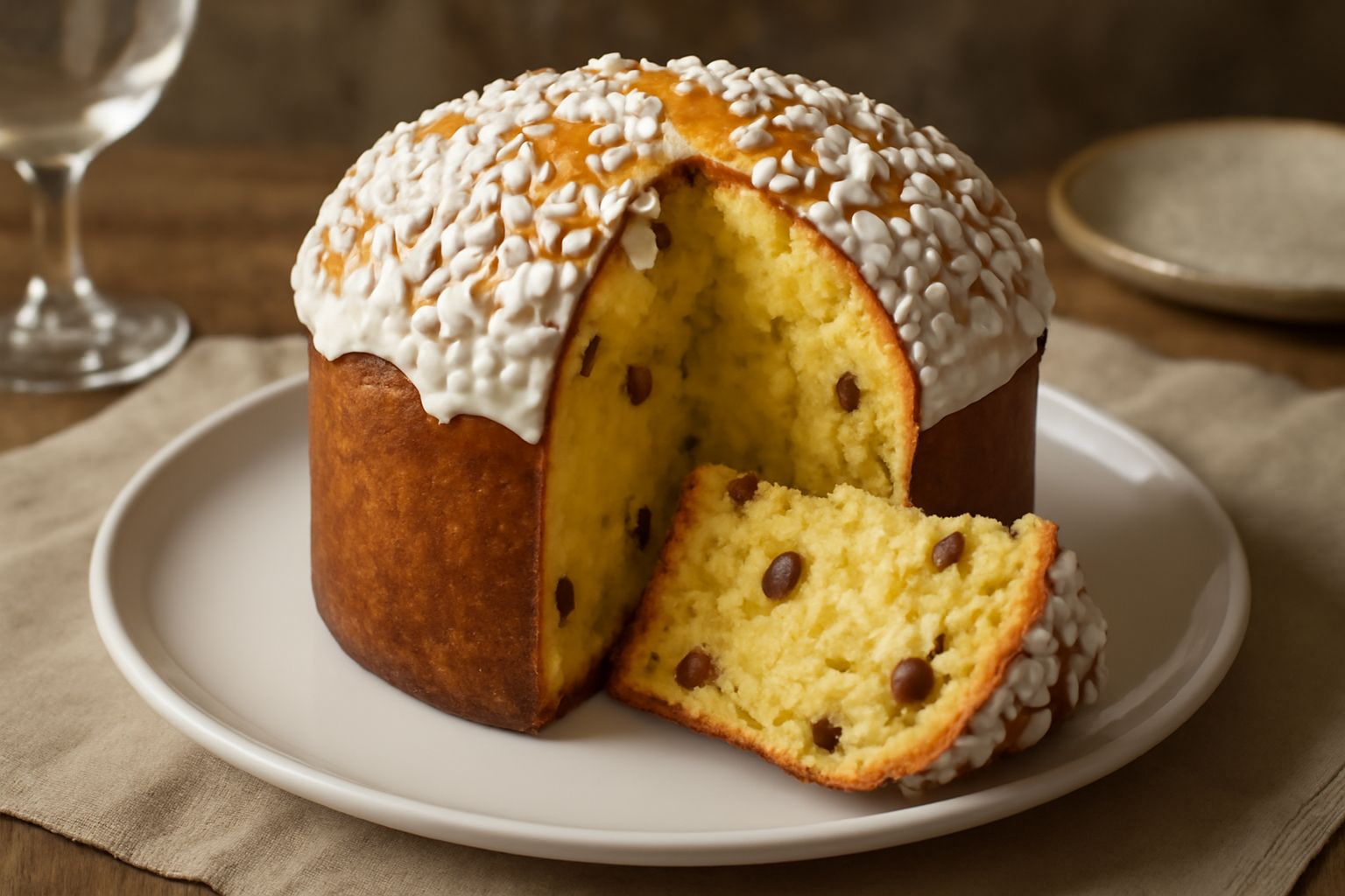 Panettone artigianale dal colore dorato uniforme, con cupola bombata perfetta, rivestito di glassa bianca e granella di zucchero, tagliato per mostrare l'interno soffice pieno di uvetta e canditi colo