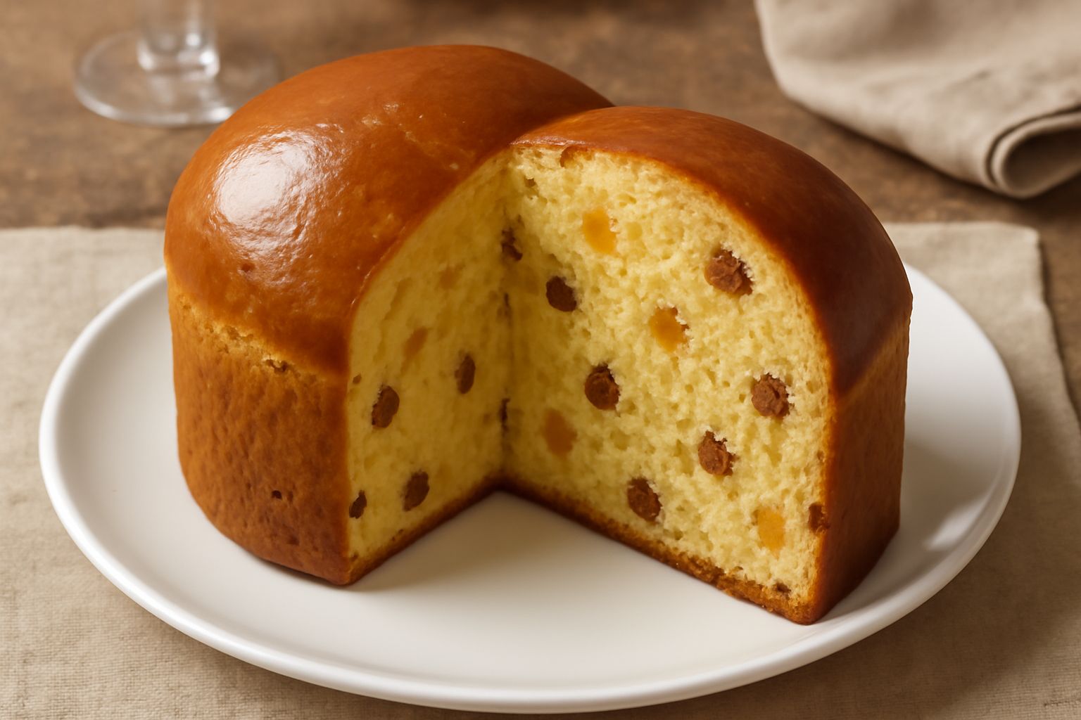 Panettone artigianale intero con cupola dorata, spaccato che mostra la mollica soffice con uvetta e canditi ben distribuiti, poggiato su carta bianca con una fetta tagliata accanto