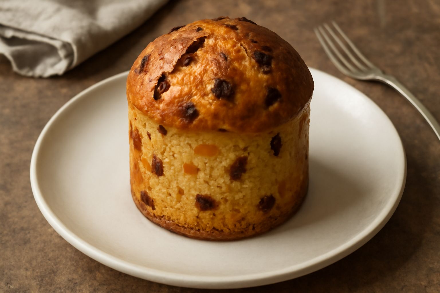 Panettone rotondo dorato e soffice su piatto bianco, con frutti canditi gialli e rossi visibili sulla superficie, sfondo neutro, taglio in primo piano che mostra l'interno con alveoli e frutta distrib