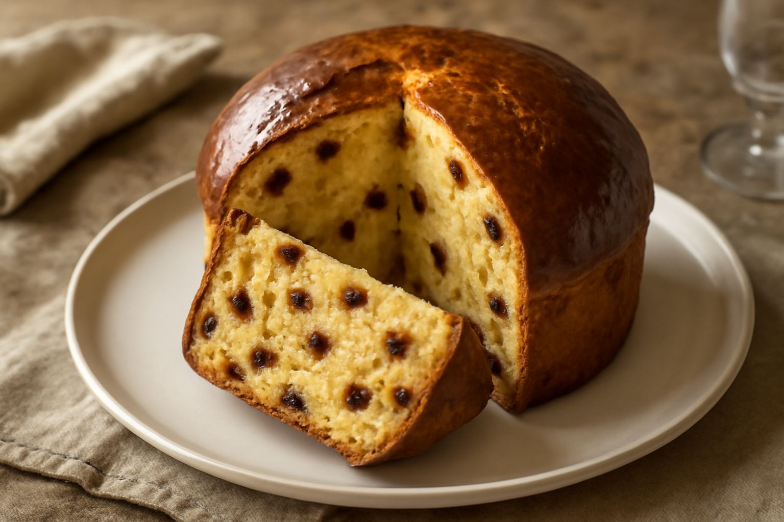 Panettone artigianale irpino intero, tondo e bombato, con superficie dorata e brillante, tagliato a fette che rivelano l'interno soffice color crema punteggiato da uvetta scura e frutta candita colora
