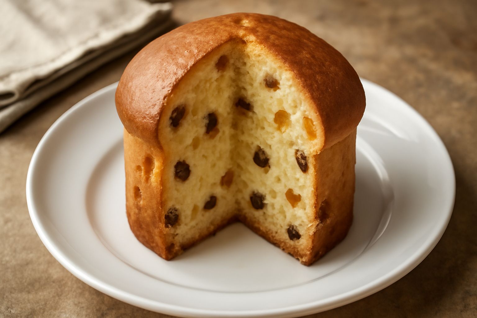 Panettone ascolano affettato su piatto bianco, miga soffice color avorio con visibili frammenti di uvetta scura e bucce di arancia candita, contorno di tovaglia di lino naturale