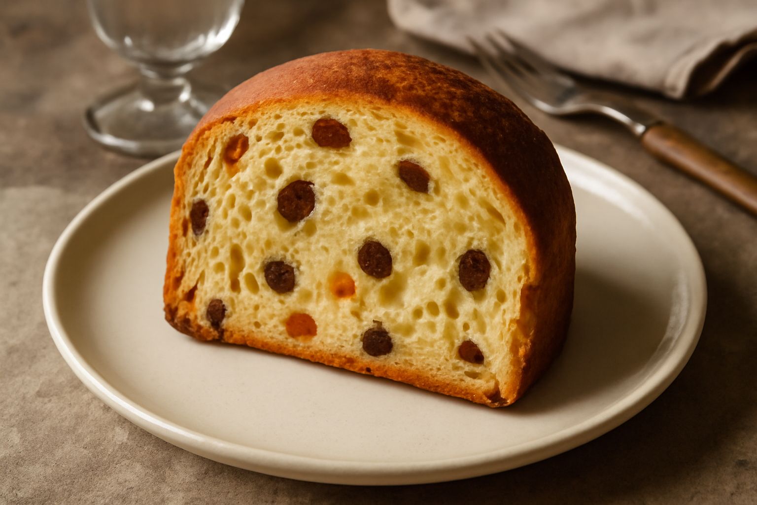 Panettone astese affettato su piatto bianco, con mollica giallo oro dai buchi regolari, uvetta scura e canditi, profilo laterale che mostra l'altezza dell'impasto lievitato