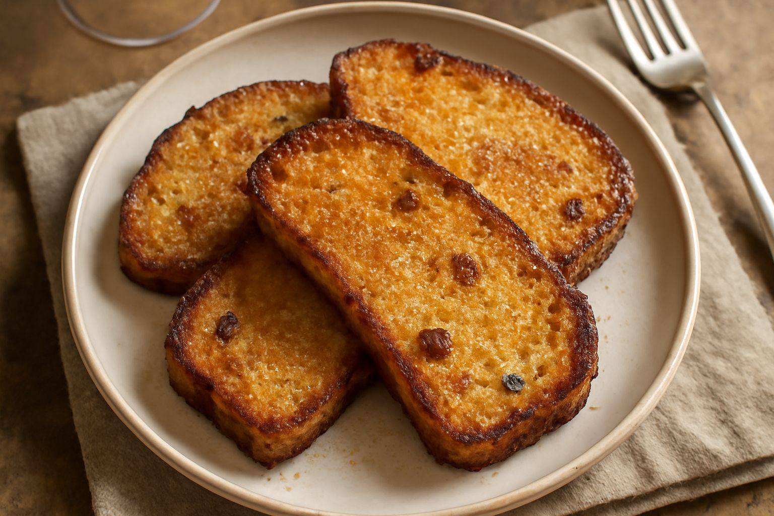 Fette di panettone fritto dorate e croccanti disposte su carta assorbente bianca, con uvetta visibile sulla superficie dorata e una leggera polverata di zucchero semolato