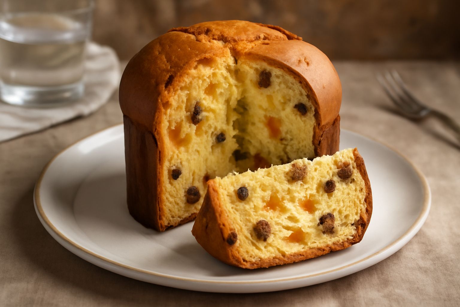 Panettone avellinese tagliato a fette su piatto bianco, con uvetta e canditi visibili nella mollica gialla chiara, decorato in alto con mandorle filettate; accanto una tazza di caffè fumante e una can