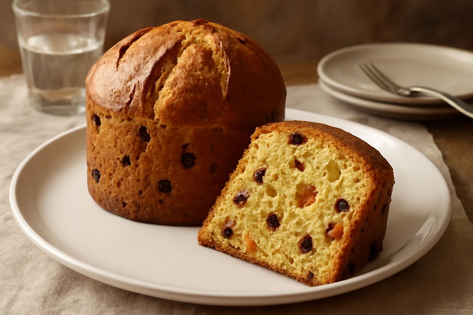 Panettone barese dorato e profumato affettato, con uvetta e canditi visibili nella mollica, servito su un piatto bianco con una tazza di caffè di lato