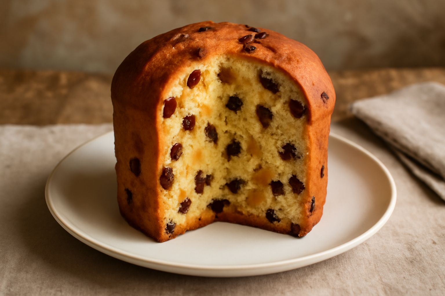 Panettone beneventano integro con carta bianca attorno, mollica gialla pallida con grani di uvetta e pezzetti di cedro candito visibili nella sezione, poggiato su vassoio bianco e fotografato da una l
