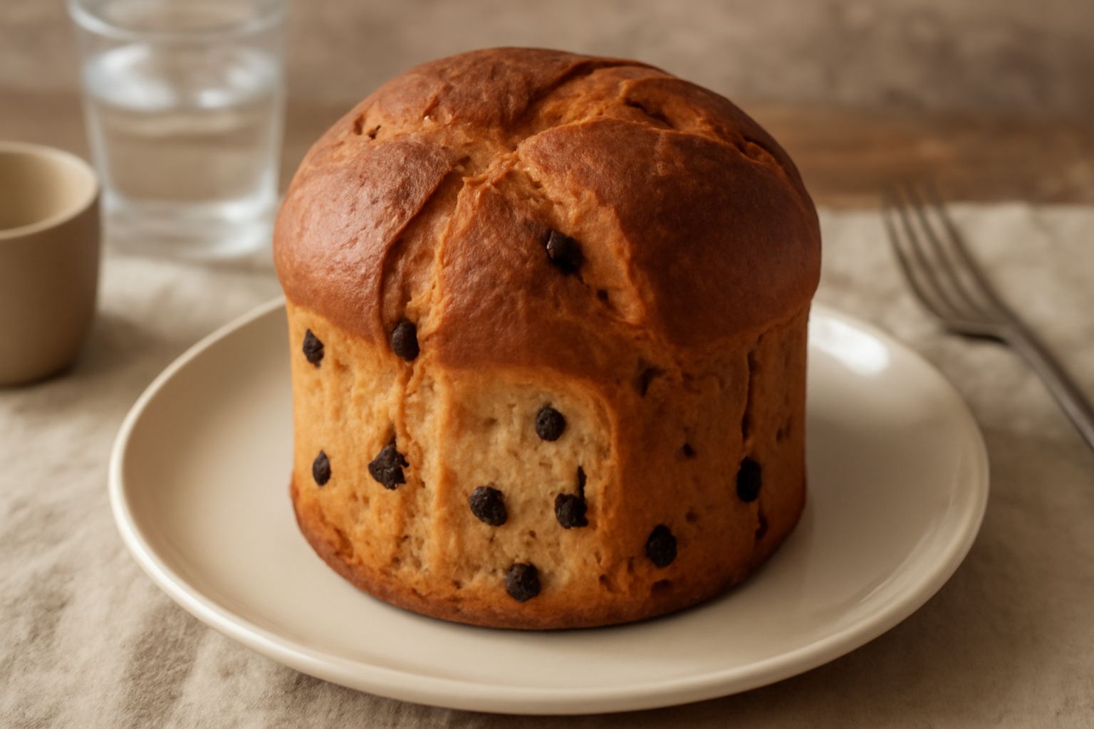 Panettone intero appena sfornato, di forma cilindrica classica, con sommità dorata e screpolata, canditi visibili nella mollica giallo pallido, pezzetti di uvetta in primo piano, poggiato su carta da 