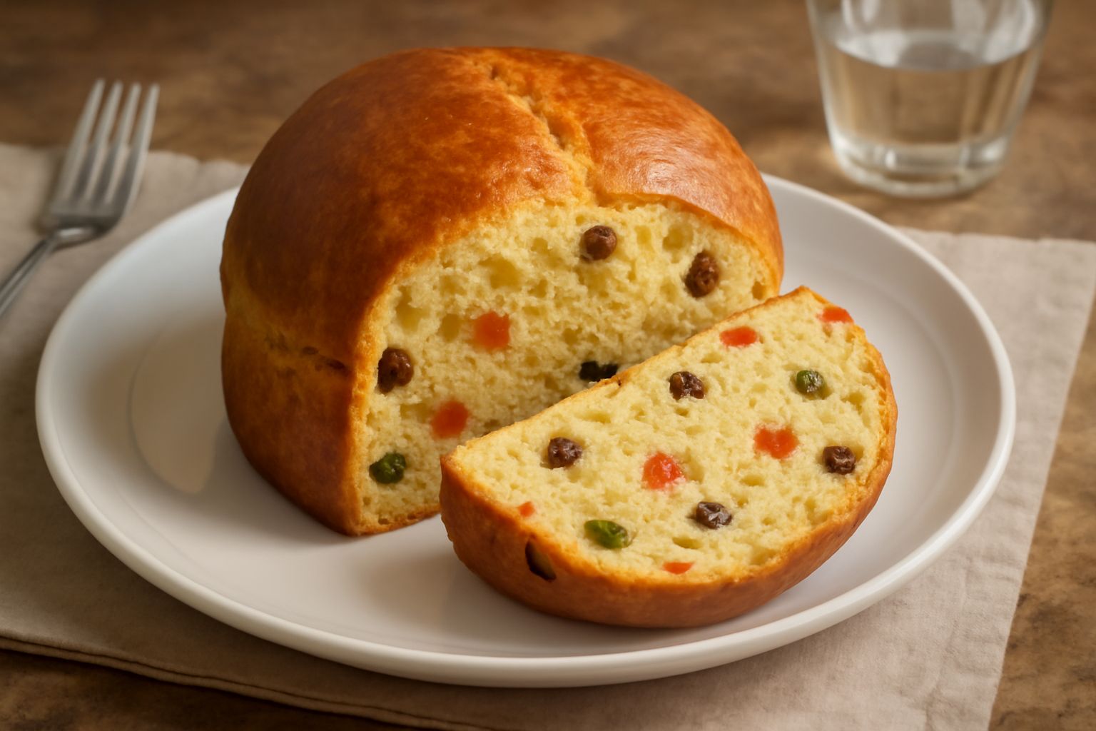 Panettone bergamasco intero appena sfornato, con forma tonda e bombata, superficie dorata e lucida, canditi colorati visibili nella miga, affettato per mostrare la consistenza soffice e gli ingredient
