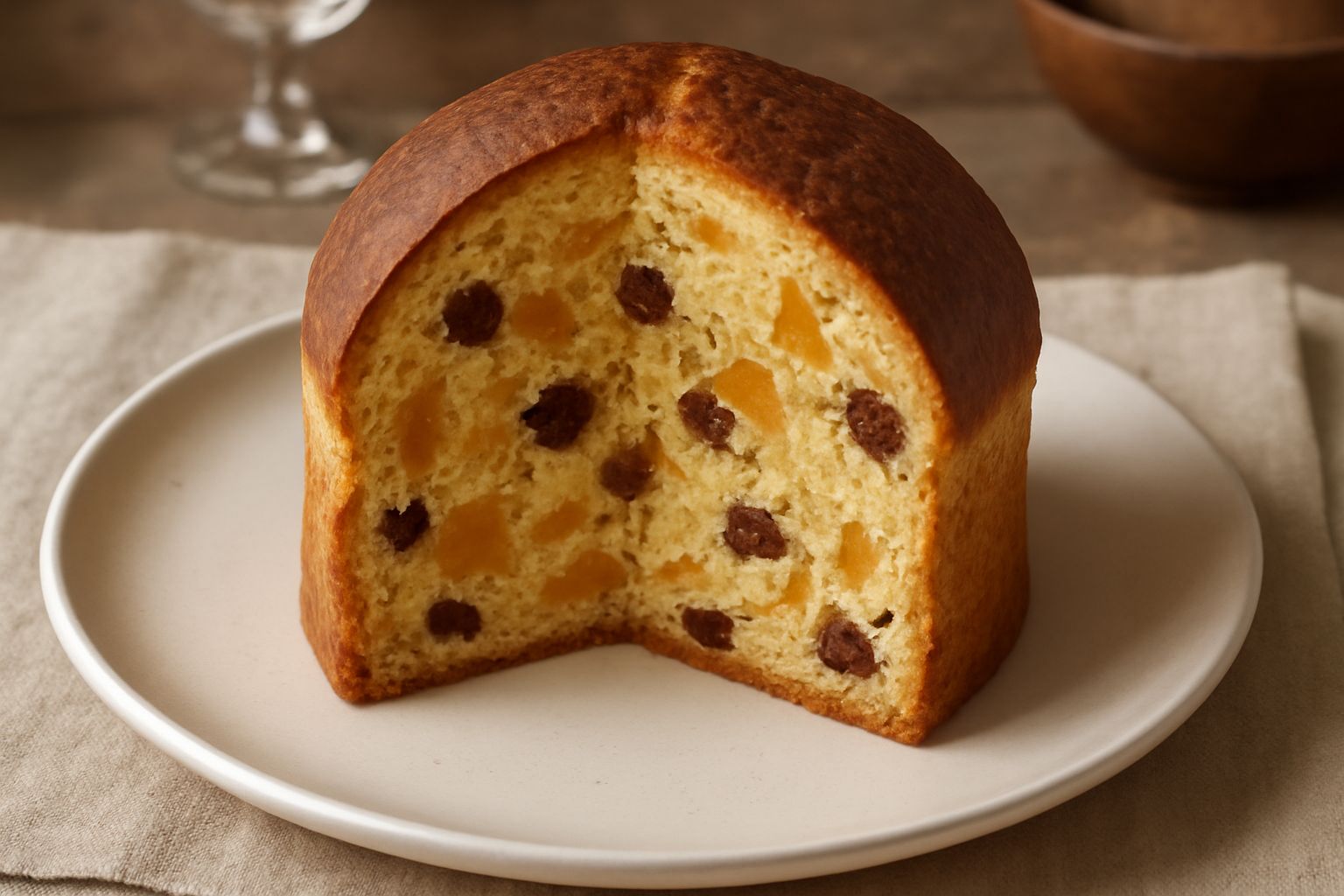 Panettone bolognese tagliato a fette sulla carta da forno, con cubetti di canditi dorati e uvetta visibili sulla superficie, crema di burro fresca sulle fette, su un piatto bianco con una tazza di caf