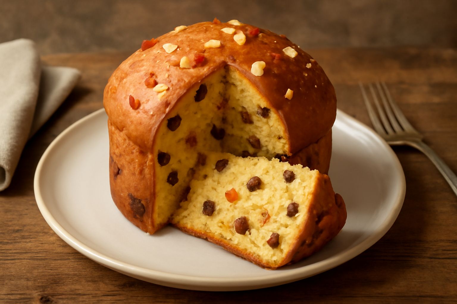 Panettone bresciano a fette su un piatto bianco, con struttura soffice e gialla, punteggiato di uvetta scura e canditi colorati, contorno di carta da forno