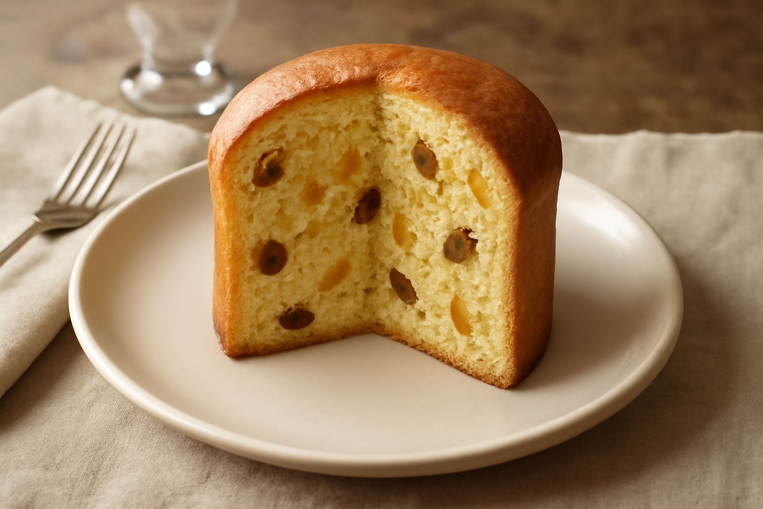 Panettone brindisino intero affettato su un piatto bianco, miga gialla e soffice con visibili pezzetti di frutta candita gialla e arancia, guarnito con spolverino di zucchero a velo, con una tazza di 