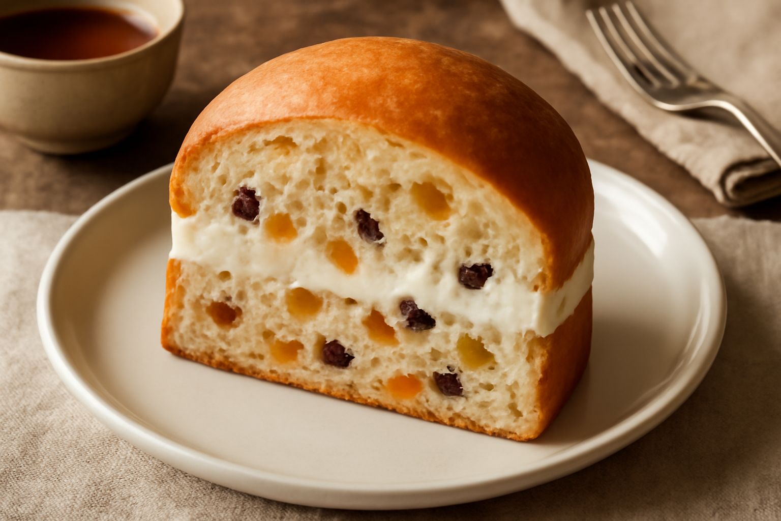 Panettone ca' ricotta a fette su un piatto bianco, con crema di ricotta visibile all'interno, canditi arancioni e rossi sparsi, superficie dorata e leggera, accompagnato da una tazza di caffè