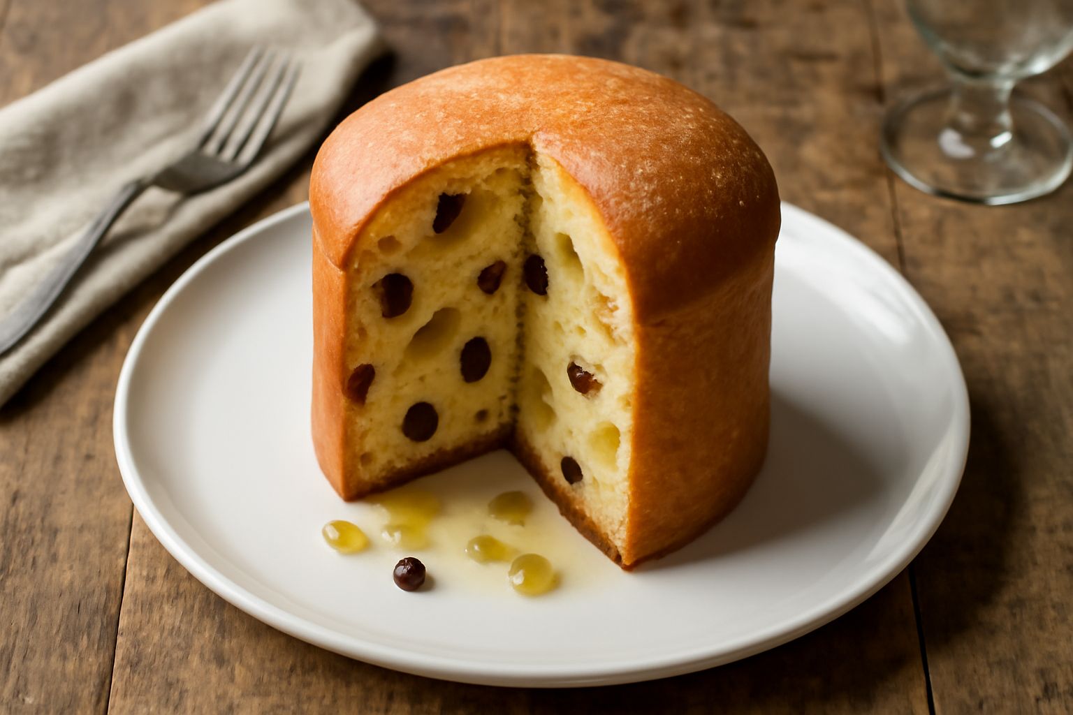 Un panettone calabrese intero, dalla mollica dorata e compatta, decorato in superficie con frutta candita e mandorle affettate, poggiato su carta da forno bianca