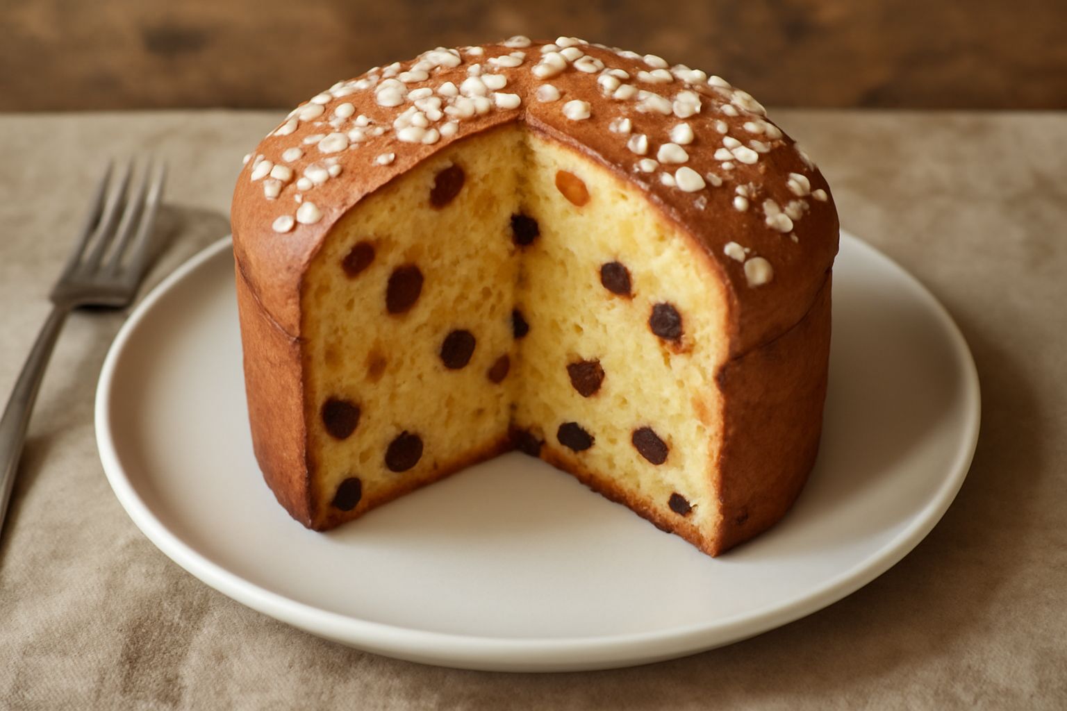 Panettone campobassano affettato su un piatto bianco con fette che mostrano l'interno dorato con uvetta e canditi sparsi, guarnito con zucchero a velo in cima