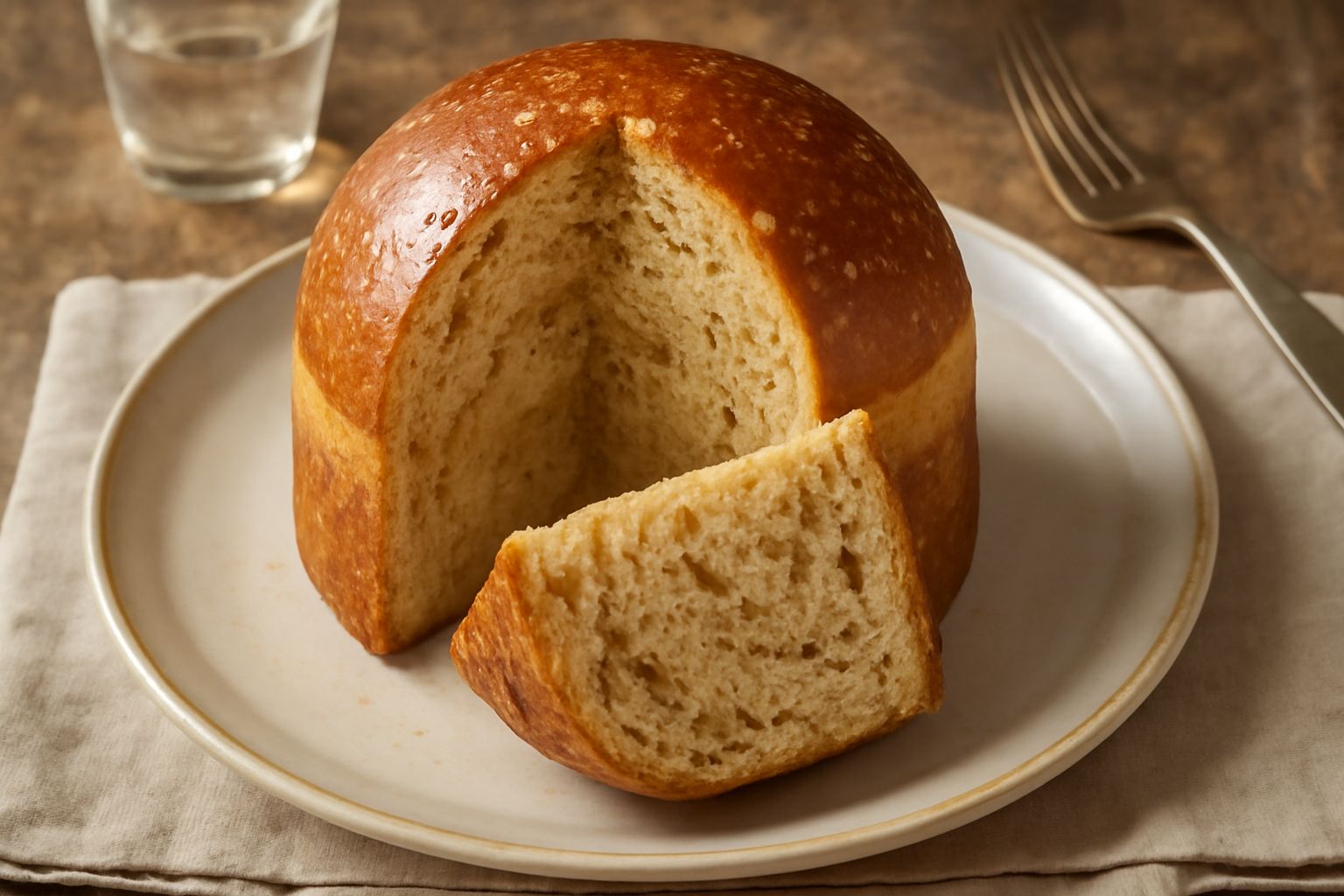 Panettone alla cannella intero di forma cilindrica con cupola dorata, spolverat di cannella visibile sulla superficie, affettato in fette che mostrano impasto beige chiaro con uvetta scura e frutta ca