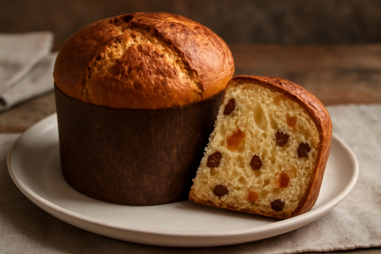 Panettone fatto in casa con cupola dorata e screpolature in cima, canditi arancioni e maraschino visibili sulla superficie, poggiato su carta pergamena con un coltello accanto