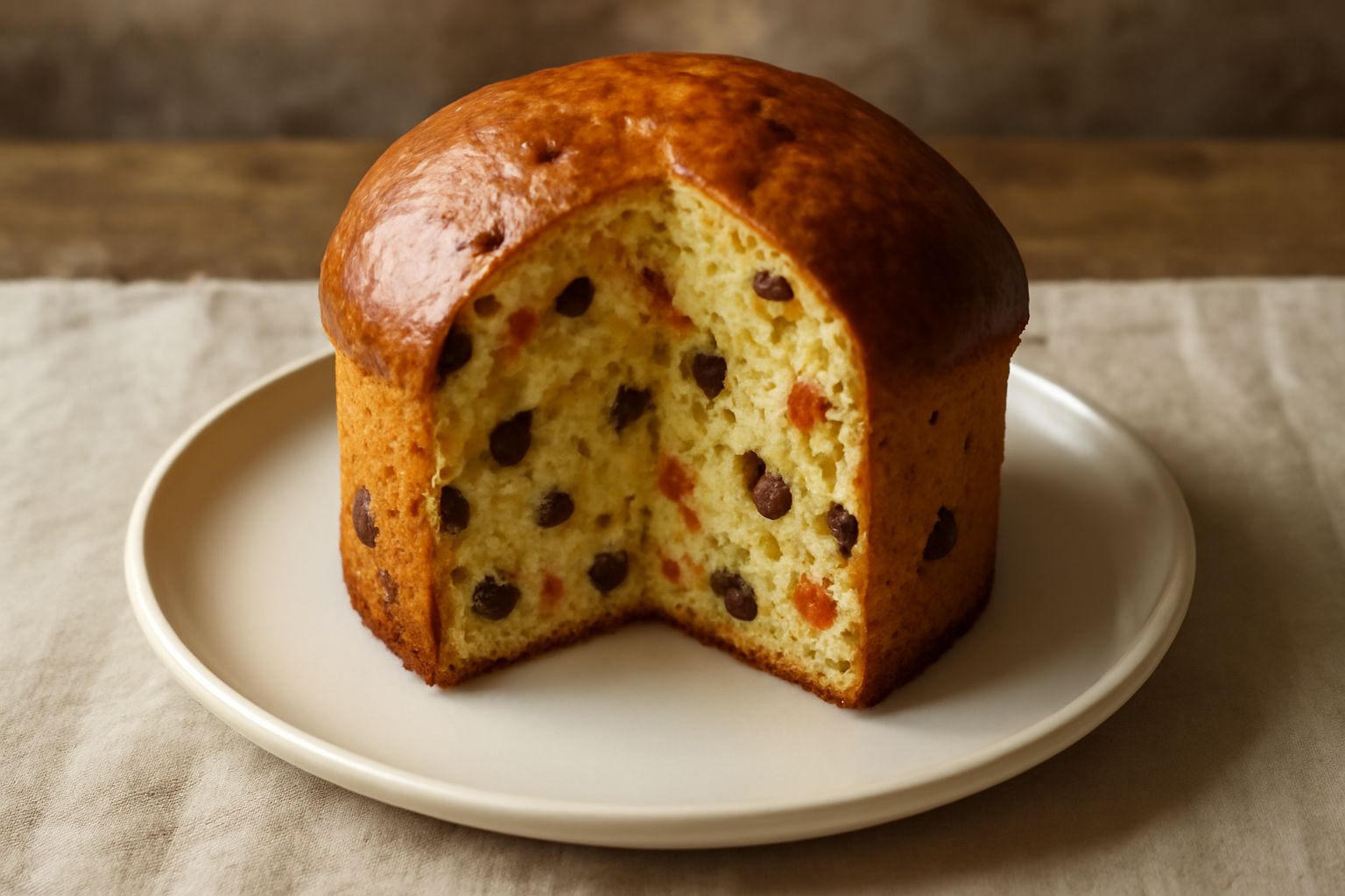 Panettone casertano intero su tavolo di legno, con sezione tagliate che mostra la molla gialla dorata punteggiata di uvetta scura e canditi, contornato da canditi rossi e gialli sparsi