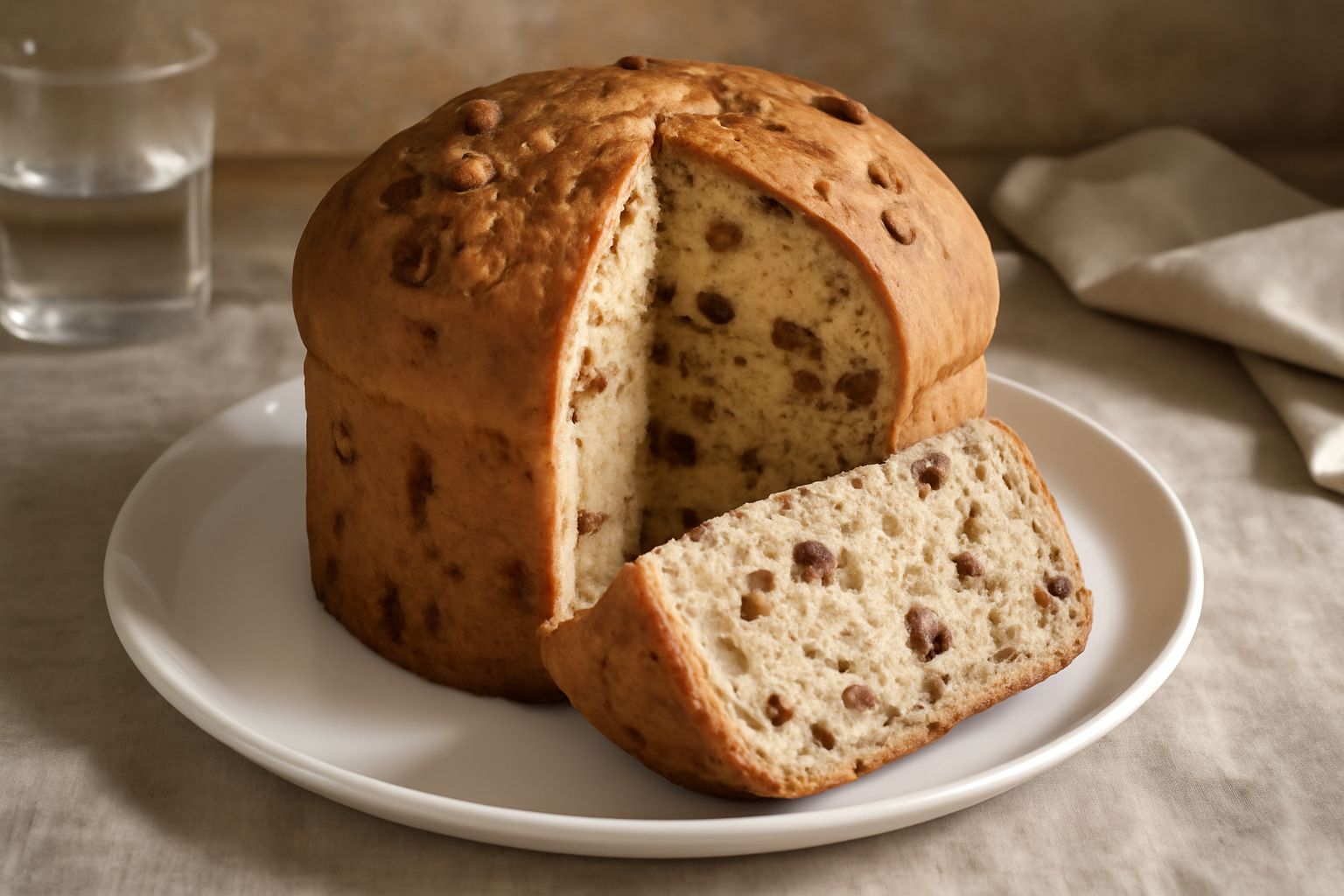 Panettone catanese affettato su un piatto bianco, con la molla caratteristica ben visibile, uvetta scura e cubetti di canditi gialli e rossi distribuiti nell'impasto color oro, insieme a una tazza di 