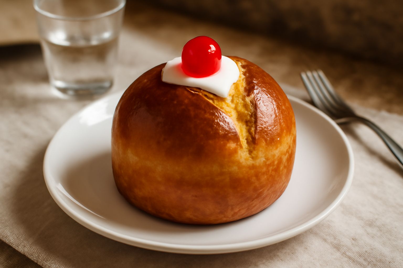 Panettone ciliegia con forma tonda e cupola leggermente bombata, superficie dorata e lucida, ciliegia maraschino rossa brillante in cima, spolverato di zucchero a velo, affettato e posizionato su un p
