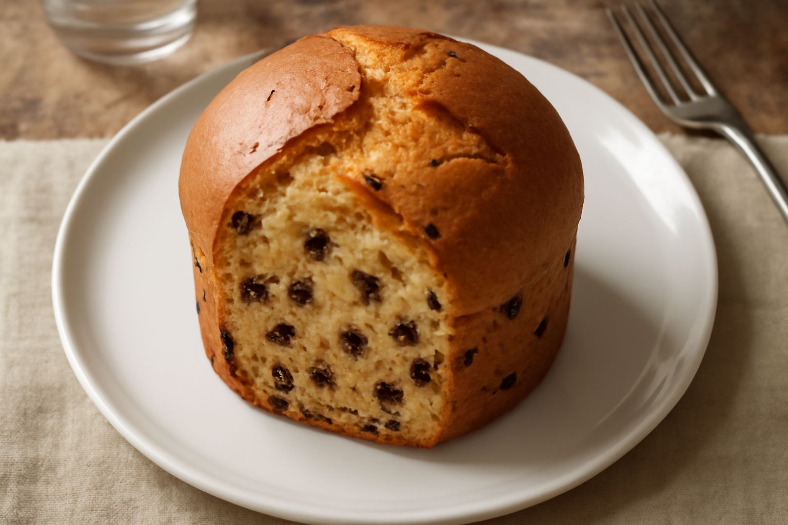 Panettone al cioccolato affettato su un piatto bianco, che mostra l'interno morbido giallo dorato con gocce di cacao scuro distribuite uniformemente, guarnito con zucchero a velo