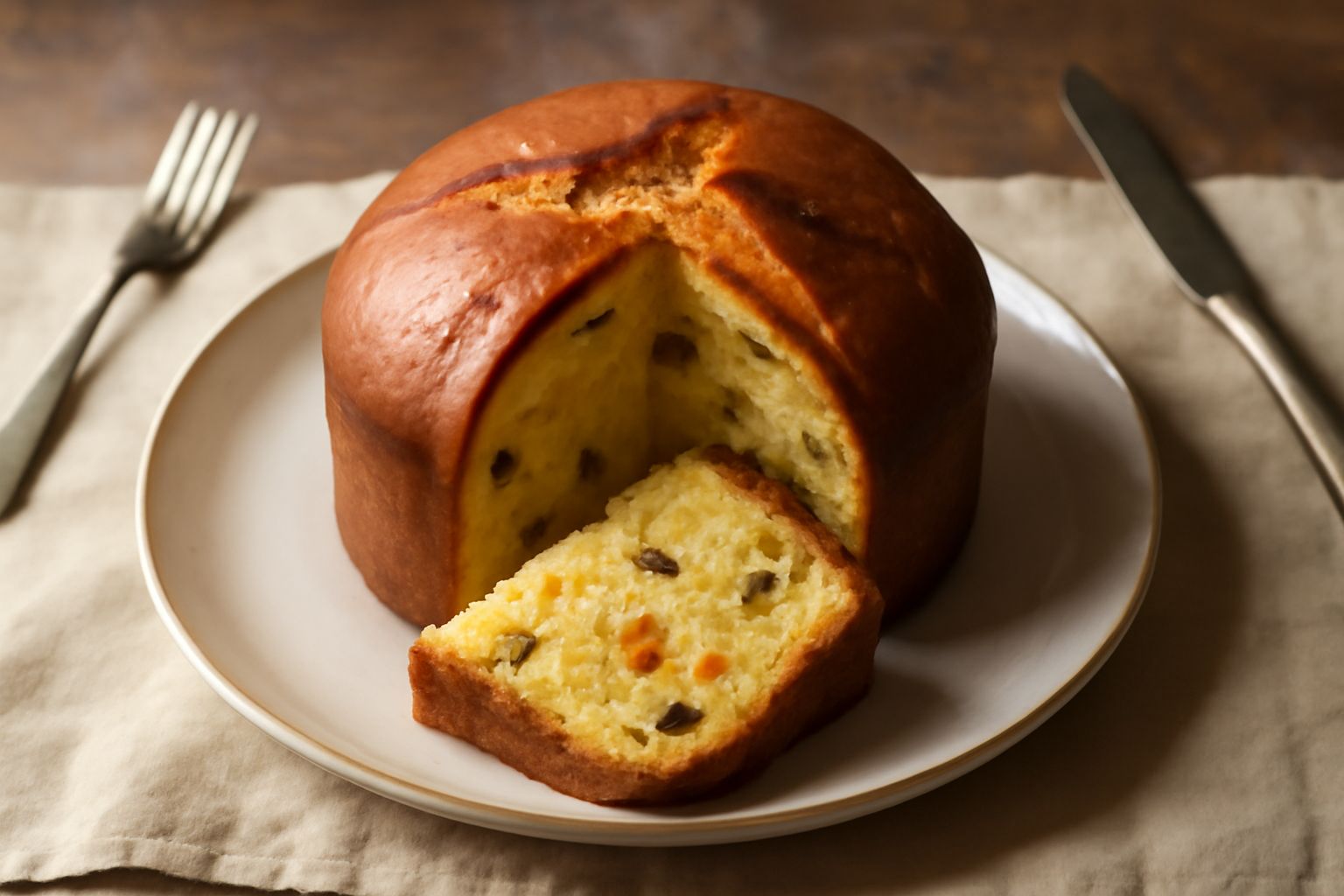 Panettone appena sfornato, di forma a cupola, con superficie dorata e screpolature naturali, su uno staccio da pasticceria. Fette tagliate accanto mostrano l'interno soffice con uvetta e frutta candit