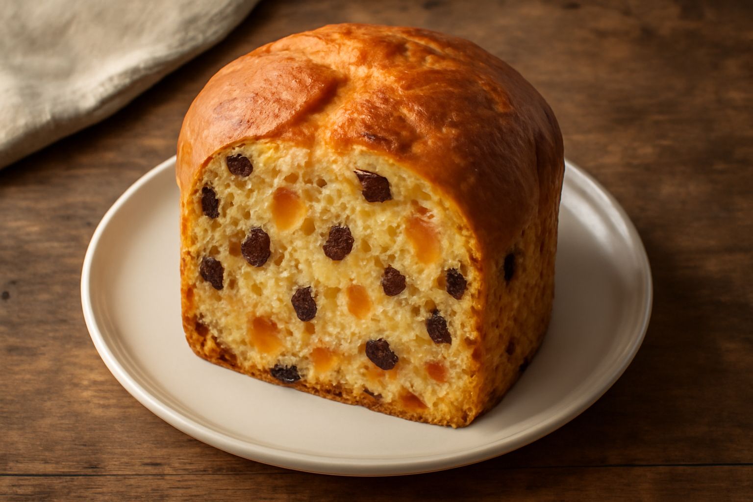 Panettone intero di colore giallo dorato con canditi colorati visibili sulla superficie, poggiato su carta bianca, affettato parzialmente per mostrare l'interno soffice e la distribuzione di uvetta e 