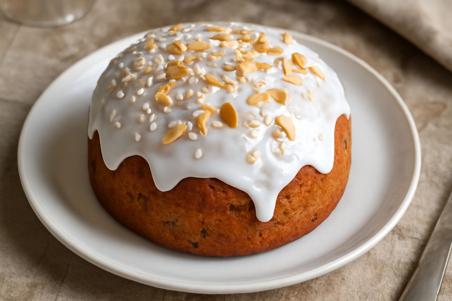 Panettone a forma di cupola con glassa bianca lucida sulla superficie superiore, decorato con mandorle sfilacciate, ritagliato a fetta su piatto bianco