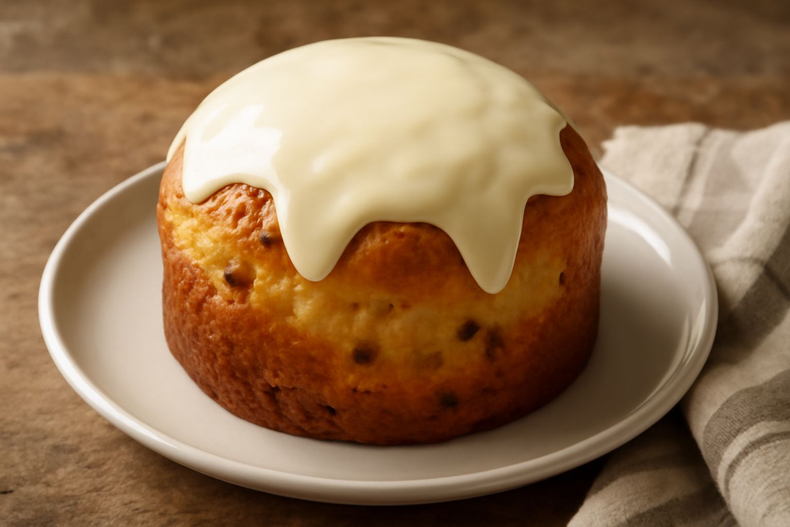 Panettone dorato con glassa lucida in superficie, spennellato di bianco brillante, canditi di arancia e cedro visibili in sezione, su piatto bianco con coltello