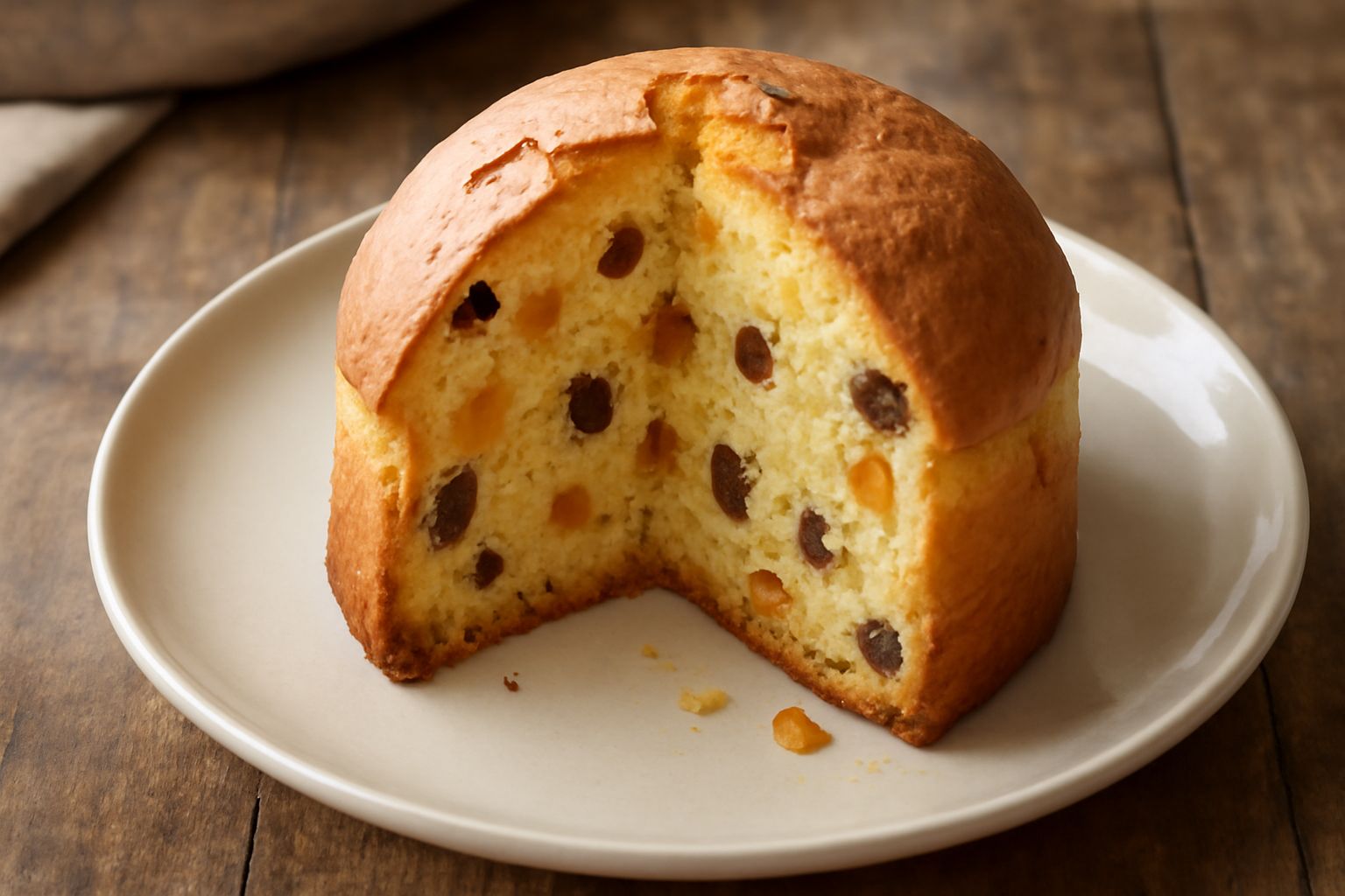 Panettone contadino tagliato a fette, giallo dorato con uvetta e canditi ben visibili, servito su un piatto bianco accanto a due candele accese