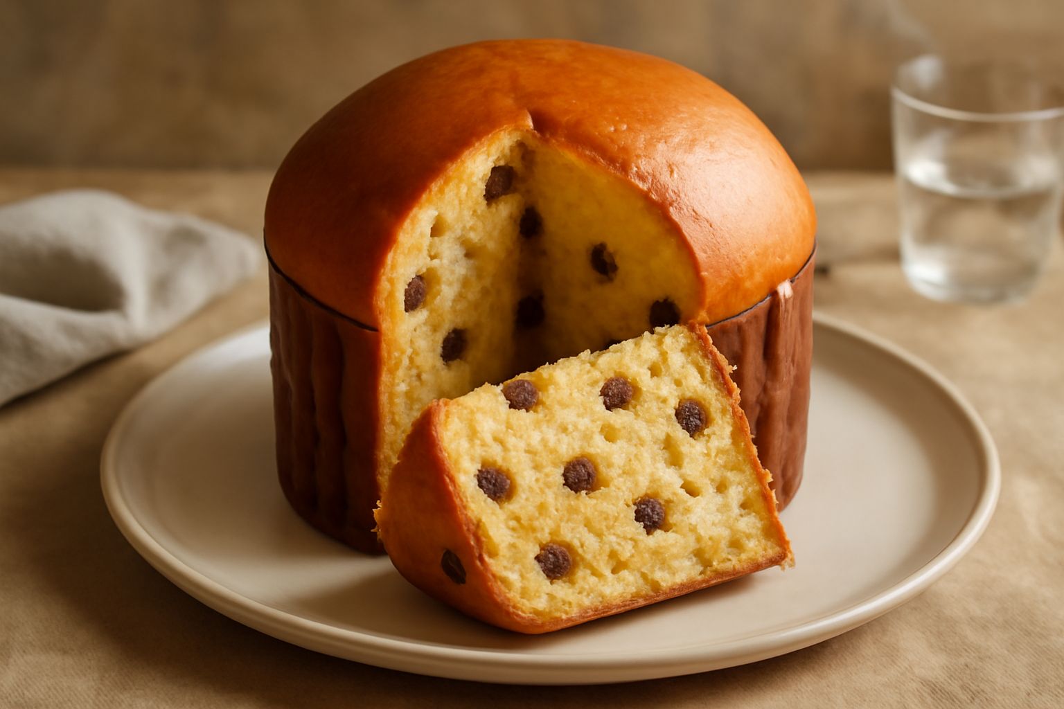 Panettone intero dorato con cupola regolare, decorato in cima con granella di zucchero e canditi; taglio che mostra l'interno morbido e pieno di uvetta e canditi distribuiti uniformemente; due fette d