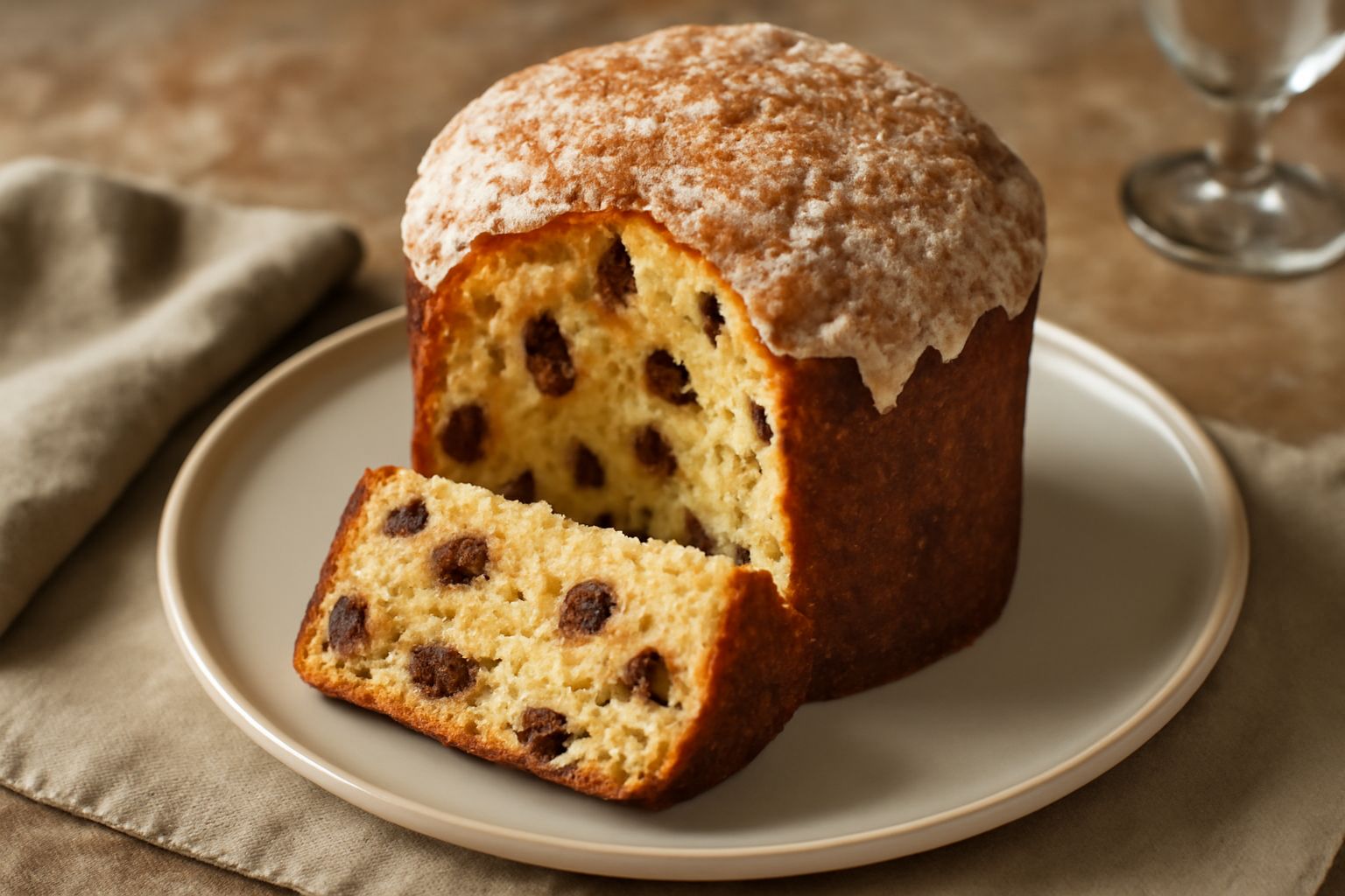 Un panettone dorato a forma di cupola, tagliato a fette, con datteri scuri visibili nella mollica chiara e morbida; sopra una glassa zuccherosissima; servito su un piatto di porcellana bianca con cand