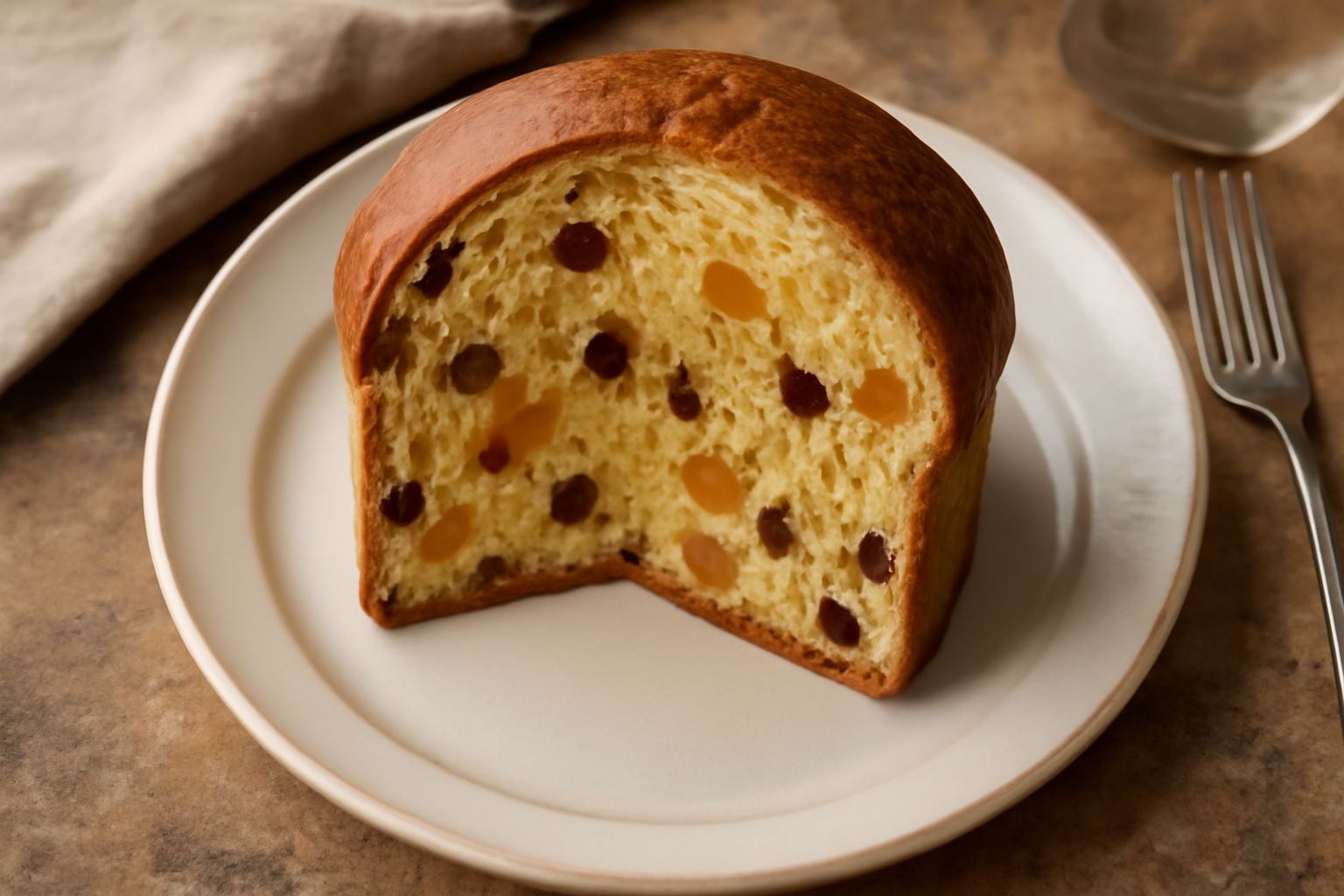 Panettone intero a fette su tavolo di legno, miga gialla dorata con uvetta e canditi visibili, superficie liscia e leggermente bombata, candele natalizie sfocate sullo sfondo