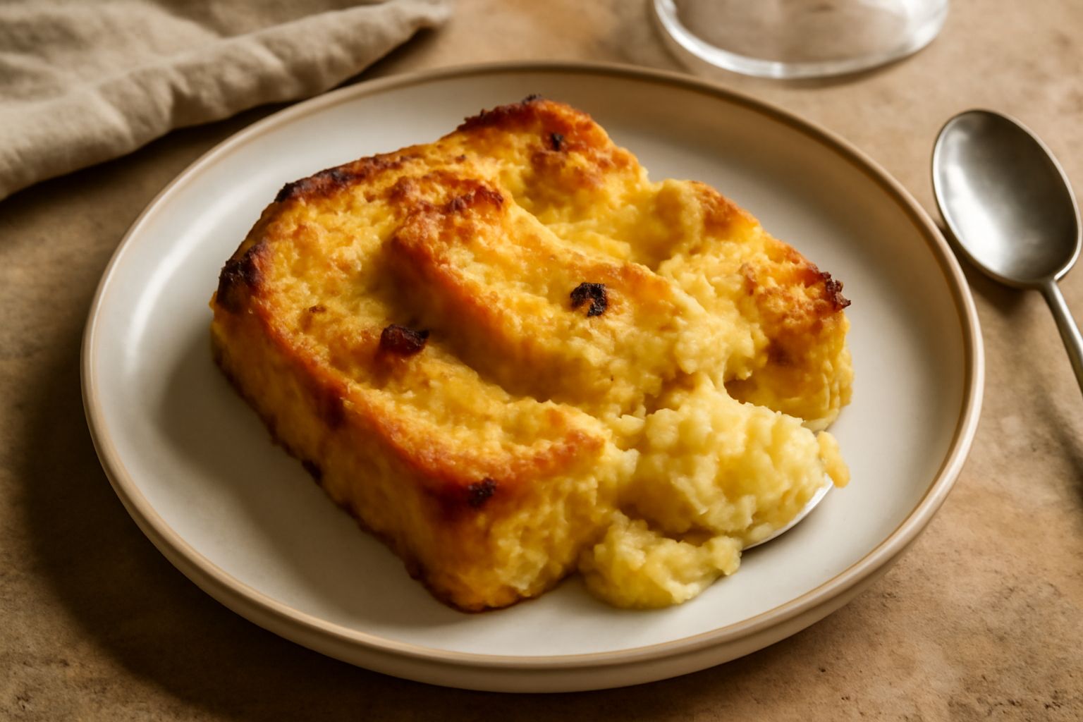 Panettone rigato a fette su un piatto bianco, con una parte rimontata e dorata in forno, sfumature marroni uniformi, crema pasticcera ai lati, nessuna guarnizione