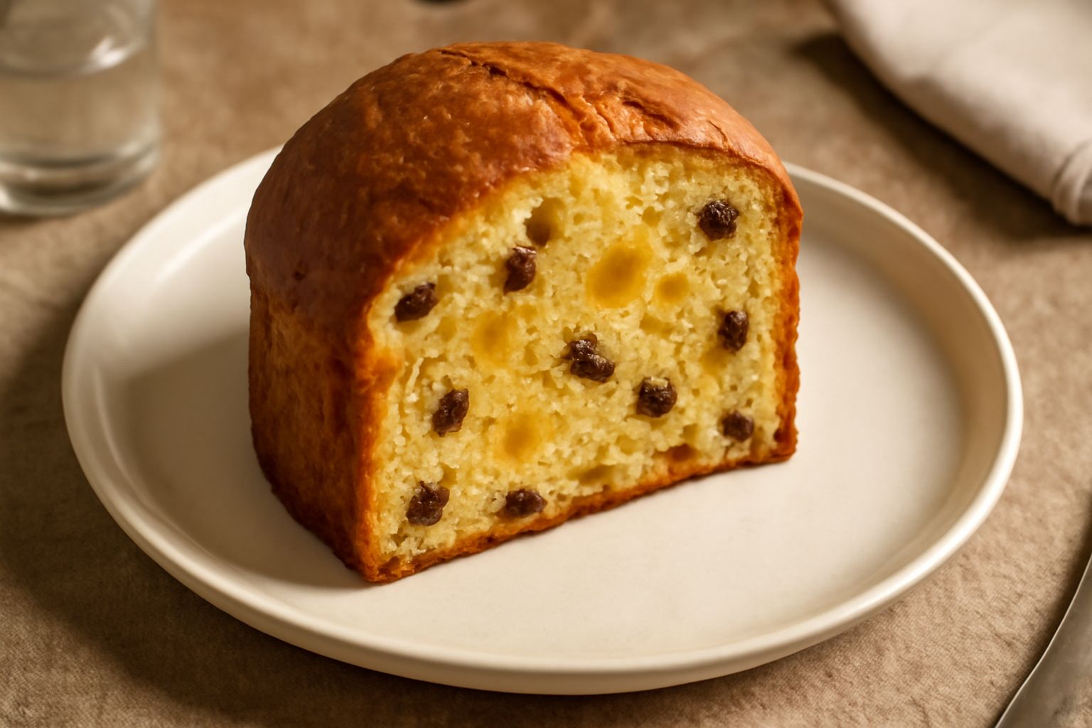 Panettone intero con crosta dorata e screpolata, tagliato a fette che mostrano l'interno soffice punteggiato di uvetta scura e canditi rossi e gialli, su un piatto bianco con carta vintage